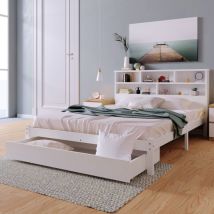 URBAN MEUBLE Bed with Shelves White Wooden Storage Bed Underbed Drawer -(135 x 190 cm)