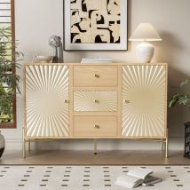 Urban Meuble - Buffet dessin forme de soleil brillant 2 portes avec 3 tiroirs poignets et pieds dorés 123,5x35x80cm Raqner