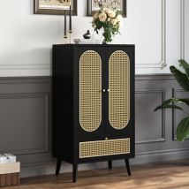 URBAN MEUBLE Buffet haut noir en rotin 2 portes et 1 tiroir 60x40x110.5 cm