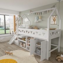 URBAN MEUBLE Children's Single Bed with Slide & Stairs - Multifunctional Solid Wood Bed Frame with Storage Drawers