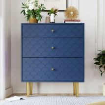 URBAN MEUBLE Commode buffet haut avec 3 tiroirs bleu marine motif d'écailles pieds dorés H89/L75/P40 cm KAUGZUN