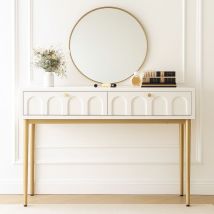 Urban Meuble - Coiffeuse élégante avec 2 tiroirs blanc crème structure et poignée dorée 100x45cm