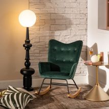 Urban Meuble - Fauteuil à bascule Scandinave velours vert pieds en bois foncé