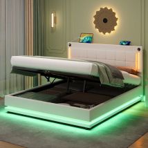 URBAN MEUBLE King LED Hydraulic Bed with Charging Station Adjustable Square Tufted Headboard with Intelligent Control Light