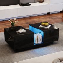 URBAN MEUBLE Led Coffee Table with 2 Drawer Storage, High Gloss Coffee Table for Living Room Unique Shape Centre Table