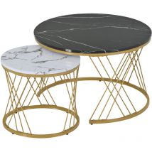 Urban Meuble - Lot de 2 tables basses gigognes moderne en placage de marbre noir et blanc cadre doré tred