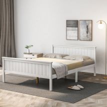 URBAN MEUBLE Wooden Bed Frame with Headboard and Footboard, Pine Wood Bed for Kids Bedroom, Ivory