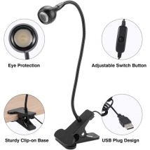 Ymyny - USB-LED-Tischlampe, Leselampe am Kopfteil, Klemm-Leseleuchte mit Clip und Batterieanschluss