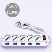 V-tac - Multienchufe con Cable 1,5m 5 Tomas 10/16A 2P+E Bipass + Interruptor General Schuko 45° 5 Clavijas Simples 16A 2P+E