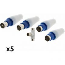 Zenitech - Lot 5 Fiches tv : 2 mâles, 2 femelles, 1 Té de dérivation Ø9,5mm