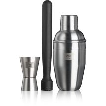 Cocktailset 3-teilig – Cocktail Shaker (350 ml) mit Sieb, Doppel-Jigger (15-30 ml), Muddler – Edelstahl – Silber