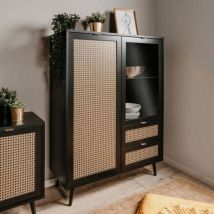 Calicosy - Vetrina nera con frontali effetto vimini, 2 ante e 2 cassetti, 101.4x40x139 cm