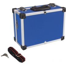 Mallette de rangement, valisette métal, mallette à outils vide, valise outils vide, transport, verrouillable 2 clés, bandoulière, aluminium, bleu,