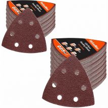 Lot de 120 Feuilles Abrasives pour Ponceuse Delta, Multi Grain 40, 60, 80, 120, 180, Papier Abrasif Triangulaire 93x93mm avec 6 Trous, Collage Rapide