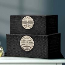 Vanity Living - Set of 2 Black Faux Leather Jewelry Boxes for Decor