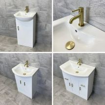 Vanity Unit Bathroom Sink Basin Storage White with Gold Brushed Brass Handles, 550mm-with Tap/Waste