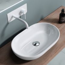Design Waschbecken Bad 54x34x10,5cm Waschtisch aus hochwertigem Guss-Marmor in Weiß Hochglanz DIN-Anschlüsse - Weiß hochglanz - Doporro