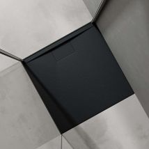 Doporro - Duschtasse Duschwanne 80x80x3 flach Mineralguss in Anthrazit inkl. Ablaufgarnitur AL06 DIN-Anschlüsse für bodenebene Montage geeignet