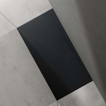 Duschtasse Duschwanne 70x140x3 flach Mineralguss in Anthrazit inkl. Ablaufgarnitur AL06 DIN-Anschlüsse für bodenebene Montage geeignet Geoma07