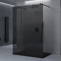 Duschwand Duschtrennwand 140x200 Walk-In Dusche schwarz mit Doppel-Stabilisator aus Echtglas 10mm ESG-Sicherheitsglas Vollgrau inkl. Nanobeschichtung