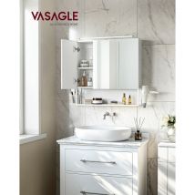 Armoire Murale avec Miroir, Meuble de Salle de Bain avec Lampe led, avec Câble, Placard 3 Portes, Étagère Réglable, Porte Sèche-Cheveux, Pot, Moderne