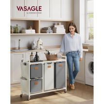 Vasagle - Cesto para Ropa Sucia, 4 Compartimentos, Cesta Ropa Sucia 150 l, con Estante Ruedas, Bolsa Colada, con Bolsillos Extraíbles, 6 Etiquetas,