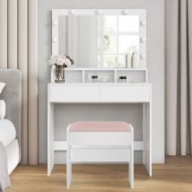 VASAGLE Coiffeuse avec 2 Tiroirs, 3 Compartiments Ouverts et Éclairage LED, Tabouret de Maquillage en Velours, Luminosité Réglable, Moderne, Blanc et