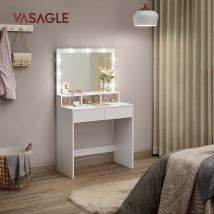 Vasagle Dressing Table, Vanity Table with Large Mirror, led Lights with Adjustable Brightness, 2 Drawers and 3 Compartments, Modern Makeup Table,