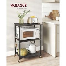 Estantería de Cocina con Ruedas, Carrito de Servicio de 3 Niveles, Estantería para Microondas, Horno, Tostadora, Marco de Metal con 6 Ganchos,
