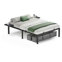 Songmics - vasagle Lit Double 140 x 190 cm, Lit 2 Personnes, Cadre de Lit en Métal avec Étagères de Rangement, Noir Classique