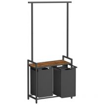 Vasagle Panier à Linge Double, Corbeille Linge Sale, avec Barre de Suspension, Plateau, 2 Sacs Amovibles, 2 x 46 l, 73 x 33 x 177 cm, Marron Rustique
