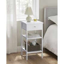 Songmics - Table de chevet avec 1 Tiroir et 2 Étagères de Rangement, Une Étagère Réglable, Pieds Réglables, Style Moderne, Blanc