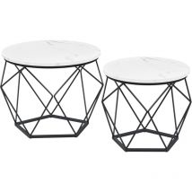 Table Basse Ronde, Lot de 2, Table d’Appoint, Bout de Canapé, Style Moderne, Plateau Amovible, Cadre en Acier, pour Salon- Blanc et Noir