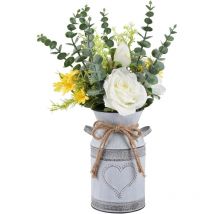 Vase en métal rustique avec roses et eucalyptus - Décoration de table champêtre