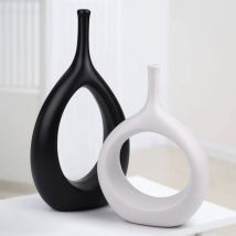Vases 2PCS Noirs et Blancs,Vase Decoratif Moderne pour Herbe de la Pampa,Ceramique Donut Vases Vintage Decoration