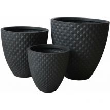 Gardeness - Vases rondes Low Outdoor Fibre Garden décoré noir Opaque Set 3 pièces Miltonia