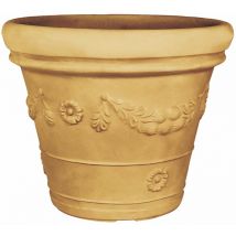 Vase 'Festone' mit Doppelrand, rund, aus Harz, mit Dekoration für den Außenbereich 'Made in Italy'. -Impruneta Farbe / 75 cm