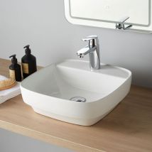 Planetebain - Vasque à poser carrée bords 42 cm arrondis blanche foggy