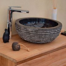 Vasque À Poser Ronde En Marbre Noir Ø 40 Cm – Finition Polie Et Brute – Dimensions H 15 Cm – Pour Salle De Bain Moderne – Ocean Line