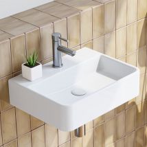 Vasque à poser murale avec trou pour robinetterie sans trop-plein, 38x26cm petite vasque en céramique blanche lave-mains rectangulaire petit wc