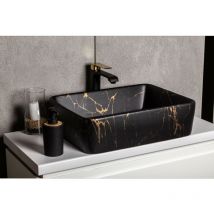 Kerra - Vasque à poser rectangulaire en céramique tanuma noir mat marbré doré 47.5 x 36.5 x 13 cm