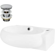 Lavabo en Céramique Blanc, 43x28x15 cm, Ovale, Bonde Garniture d'Écoulement Chrome, Trou pour Robinetterie à Droite, Vasque Petit, Moderne, Montage