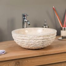 Wanda Collection – Vasque À Poser En Marbre Crème 40cm – Ronde – Extérieur Brut Sculpté – Intérieur Poli – Pour Salle De Bain Moderne
