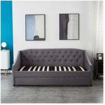 Velvet Grey Daybed 3FT Single Sofa Bed With Underbed Trundle Living Room Bedroom Furniture - Without Mattress