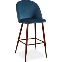 Privatefloor - Velvet Upholstered Stool - Scandinavian Design - Evelyne Dark blue Metal with wooden transfer painting, Wood, Velvet - Dark blue