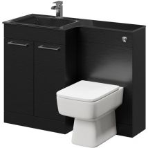 Square Nero Oak 1100mm Vanity Unit Toilet Suite with Left Hand Anthracite Glass 1 Tap Hole Basin and 2 Doors with Polished Chrome Handles - Venice