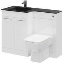 Square Gloss White 1100mm Vanity Unit Toilet Suite with Left Hand Anthracite Glass 1 Tap Hole Basin and 2 Doors with Polished Chrome Handles - Venice
