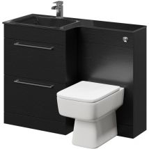 Square Nero Oak 1100mm Vanity Unit Toilet Suite with Left Hand Anthracite Glass 1 Tap Hole Basin and 2 Drawers with Polished Chrome Handles - Venice
