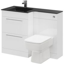 Square Gloss White 1100mm Vanity Unit Toilet Suite with Left Hand Anthracite Glass 1 Tap Hole Basin and 2 Drawers with Polished Chrome Handles