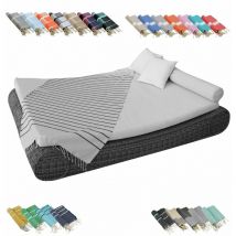 Véritable fouta Tunisienne 1m x 2m tissage à plat 100% coton 380g - Horizon - Lin et Noir Vivezen